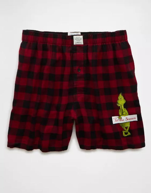 AMERICAN EAGLE MEN'S PLAID GRINCH POCKET BOXER SHORT | RED