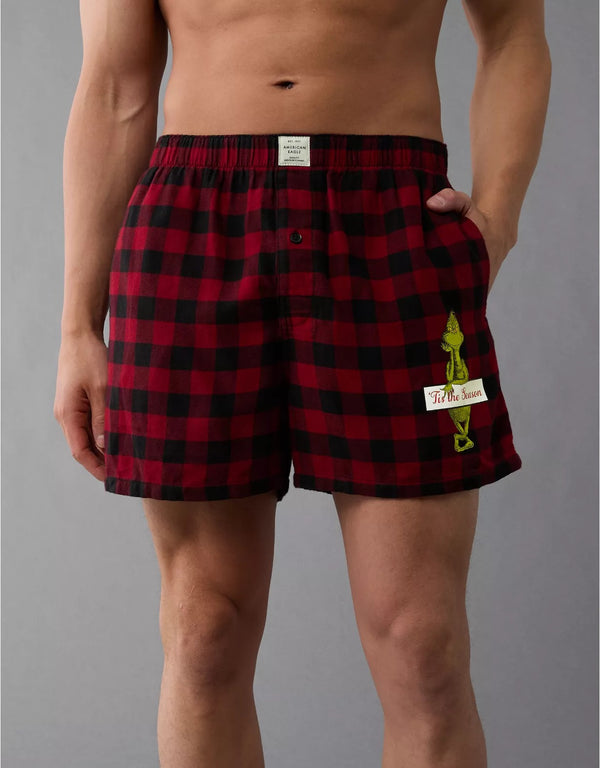 AMERICAN EAGLE MEN'S PLAID GRINCH POCKET BOXER SHORT | RED