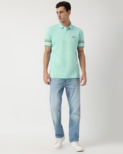 HUGO BOSS LOGOS COTTON PIQUE JACUARD POLO SHIRT | PALE BLUE
