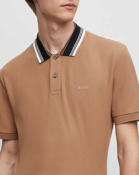 HUGO BOSS COTTON-PIQUÉ REGULAR-FIT POLO SHIRT WITH STRIPED COLLAR | BROWN