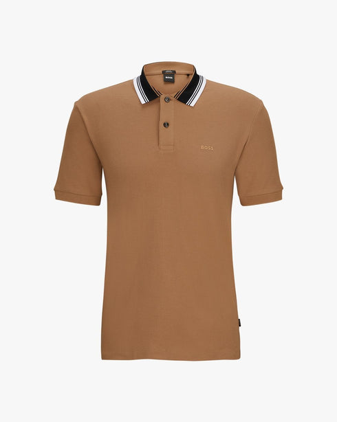 HUGO BOSS COTTON-PIQUÉ REGULAR-FIT POLO SHIRT WITH STRIPED COLLAR | BROWN