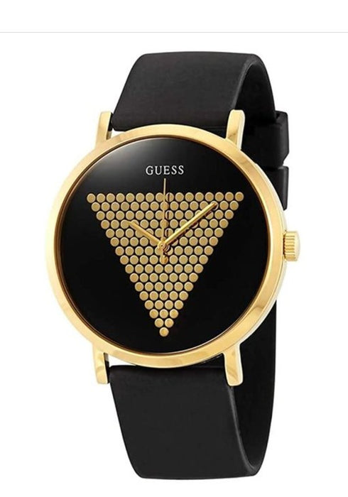 GUESS Iconic Studded Men’s Watch – Black Silicone Strap, Gold-Tone Logo Dial