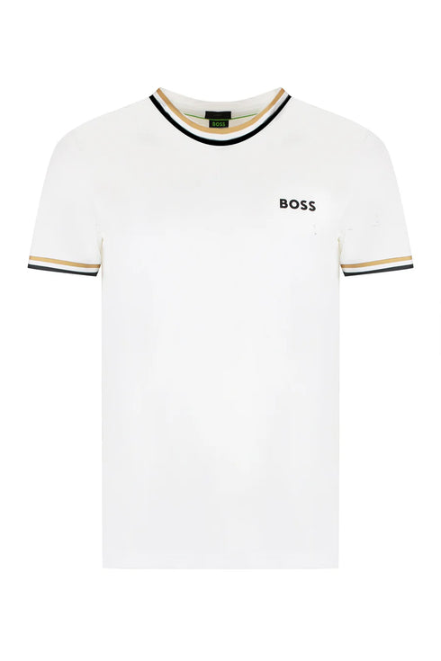 HUGO BOSS X MATTEO BERRETTINI LOGO CREW-NECK T-SHIRT WITH SIGNATURE STRIPES | WHITE