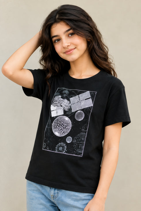 ALL BASICS BLACK GRAPHIC PRINT CREW NECK T-SHIRT GIRLS