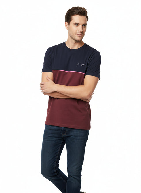 JACK & JONES MEN’S PREMIUM COLOR BLOCK CREW NECK T-SHIRT | NAVY BLUE & MAROON