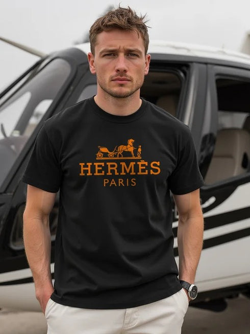 PREMIUM HERMES PARIS T-SHIRT WITH EMBROIDERY LOGO | BLACK