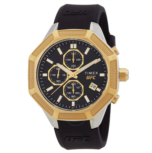 Timex UFC Men’s King 45mm Chronograph Watch – Black Silicone Strap, Gold-Tone Accents