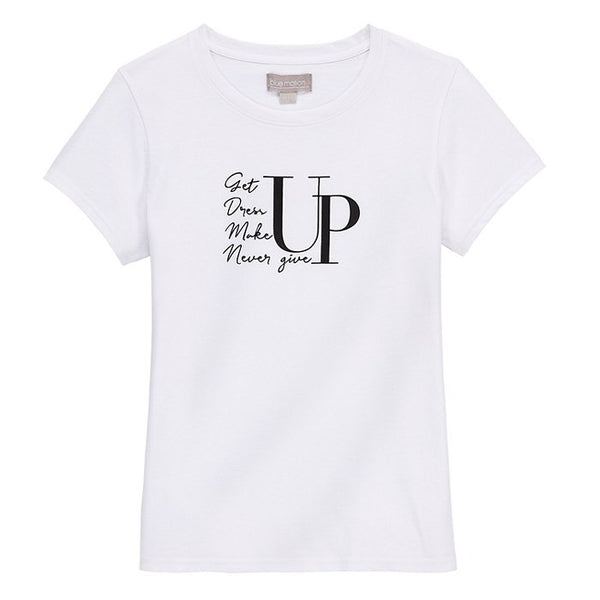 BLUE MOTION'S 'NEVER GIVE UP' WHITE TEE – CHIC & INPIRING !