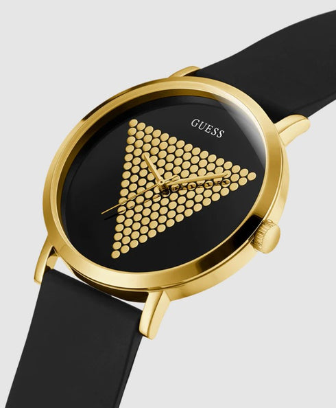 GUESS Iconic Studded Men’s Watch – Black Silicone Strap, Gold-Tone Logo Dial