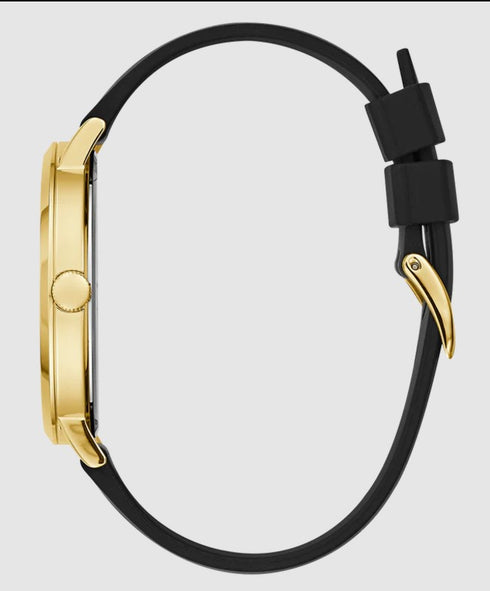 GUESS Iconic Studded Men’s Watch – Black Silicone Strap, Gold-Tone Logo Dial