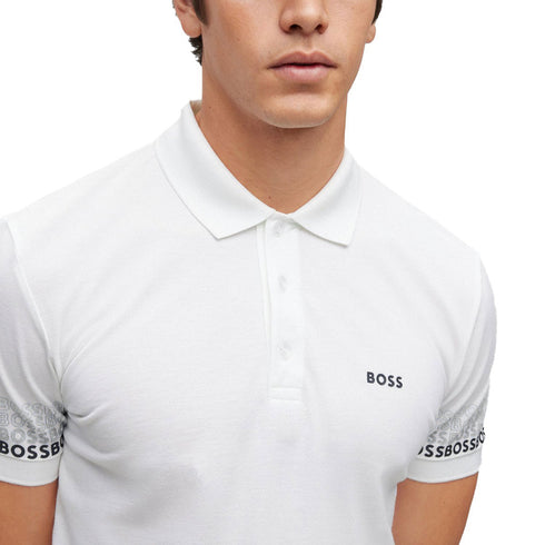 HUGO BOSS LOGOS COTTON PIQUE JACUARD POLO SHIRT | WHITE