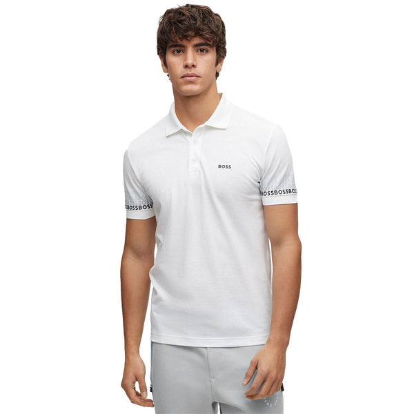 HUGO BOSS LOGOS COTTON PIQUE JACUARD POLO SHIRT | WHITE