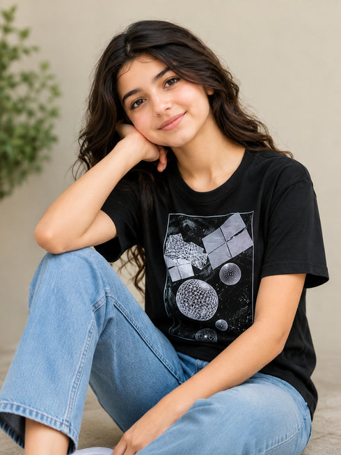 ALL BASICS BLACK GRAPHIC PRINT CREW NECK T-SHIRT GIRLS