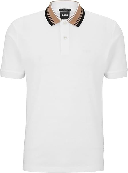 HUGO BOSS – COTTON PIQUÉ REGULAR-FIT POLO SHIRT WITH STRIPED COLLAR | WHITE
