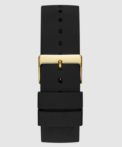 GUESS Iconic Studded Men’s Watch – Black Silicone Strap, Gold-Tone Logo Dial