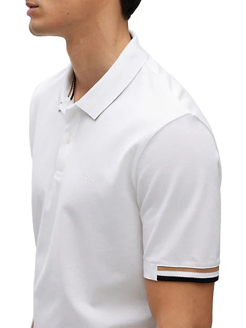 HUGO BOSS SLIM-FIT STRIPE-TRIM POLO SHIRT | WHITE