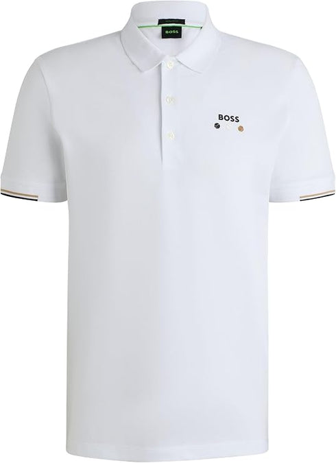 BOSS MEN'S PADDY OPEN 25 ACTIVE PADDY MERCERISED COTTON POLO SHIRT WITH GRID DETAIL | WHITE
