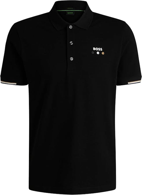 BOSS MEN'S PADDY OPEN 25 ACTIVE PADDY MERCERISED COTTON POLO SHIRT WITH GRID DETAIL | BLACK