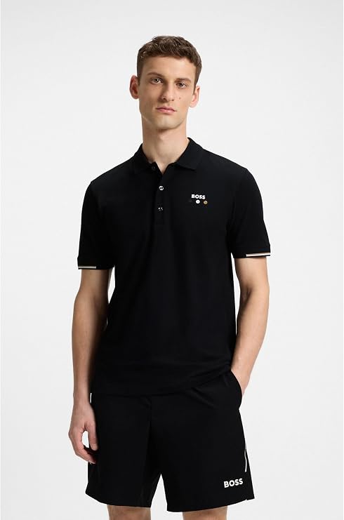 BOSS MEN'S PADDY OPEN 25 ACTIVE PADDY MERCERISED COTTON POLO SHIRT WITH GRID DETAIL | BLACK