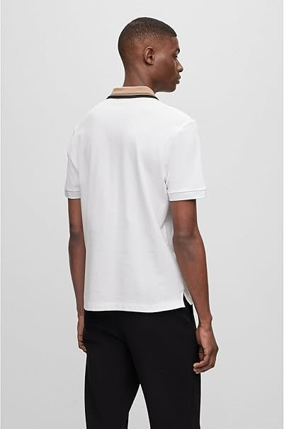 HUGO BOSS – COTTON PIQUÉ REGULAR-FIT POLO SHIRT WITH STRIPED COLLAR | WHITE