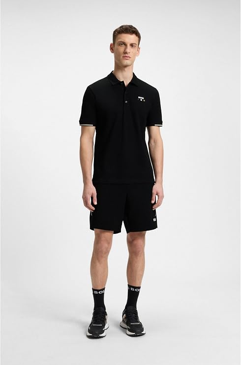 BOSS MEN'S PADDY OPEN 25 ACTIVE PADDY MERCERISED COTTON POLO SHIRT WITH GRID DETAIL | BLACK