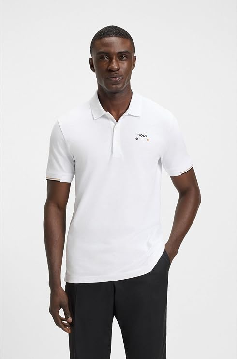 BOSS MEN'S PADDY OPEN 25 ACTIVE PADDY MERCERISED COTTON POLO SHIRT WITH GRID DETAIL | WHITE