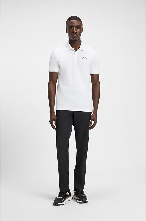 BOSS MEN'S PADDY OPEN 25 ACTIVE PADDY MERCERISED COTTON POLO SHIRT WITH GRID DETAIL | WHITE
