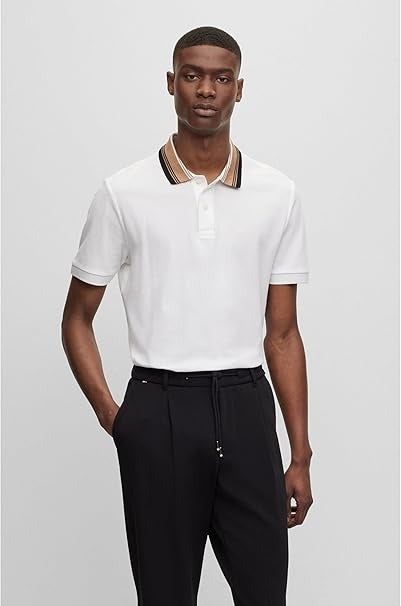HUGO BOSS – COTTON PIQUÉ REGULAR-FIT POLO SHIRT WITH STRIPED COLLAR | WHITE