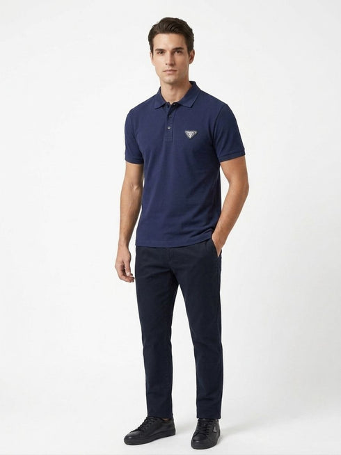 PRADA PIQUE MEN'S PLAIN TRIANGLE LOGO POLO | NAVY BLUE