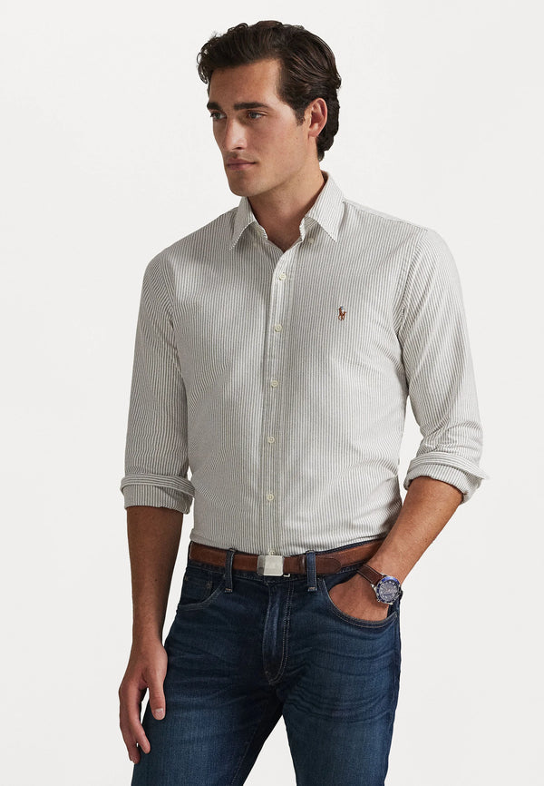 POLO RALPH LAUREN SLIM FIT COTTON LINEN SHIRT | PALE RUSSET / WHITE