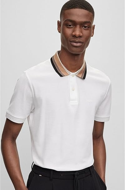 HUGO BOSS – COTTON PIQUÉ REGULAR-FIT POLO SHIRT WITH STRIPED COLLAR | WHITE