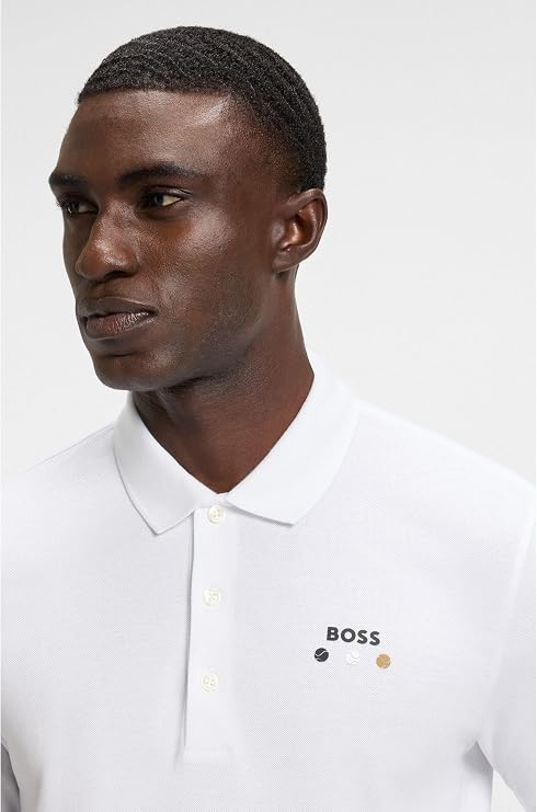 BOSS MEN'S PADDY OPEN 25 ACTIVE PADDY MERCERISED COTTON POLO SHIRT WITH GRID DETAIL | WHITE