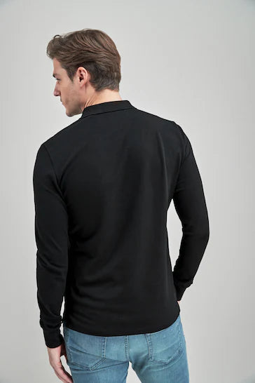 NEXT LONG SLEEVE PIQUE POLO SHIRT-MEN | BLACK