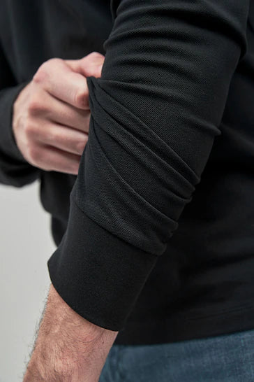 NEXT LONG SLEEVE PIQUE POLO SHIRT-MEN | BLACK