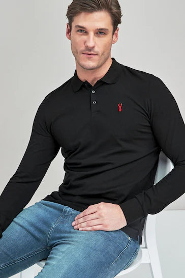 NEXT LONG SLEEVE PIQUE POLO SHIRT-MEN | BLACK