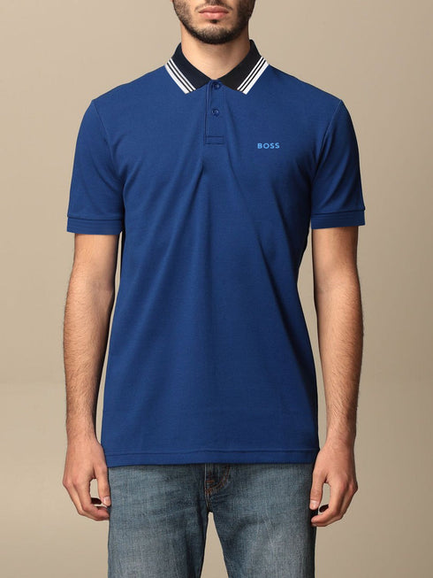 HUGO BOSS COTTON-PIQUÉ REGULAR-FIT POLO SHIRT WITH STRIPED COLLAR | NAVY BLUE