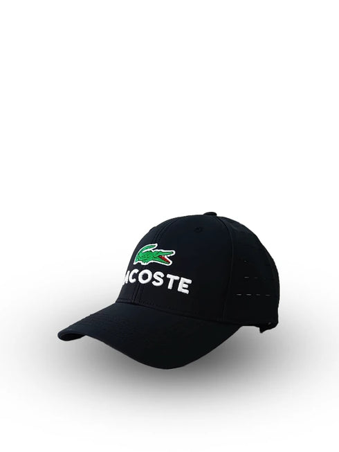 Lacoste Big Logo Cap in black, a stylish and adjustable branded cap for men. Ideal for casual wear, gym, and outdoor activities. Available online in Pakistan.