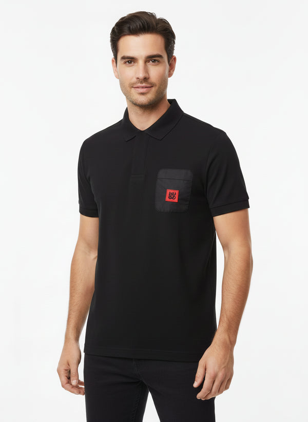HUGO BOSS PREMIUM POLO SHIRT - BLACK LEATHER LOGO PATCH | BLACK