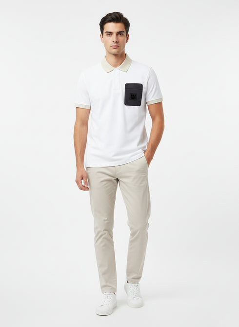 HUGO BOSS PREMIUM POLO SHIRT - BLACK LEATHER LOGO PATCH | WHITE