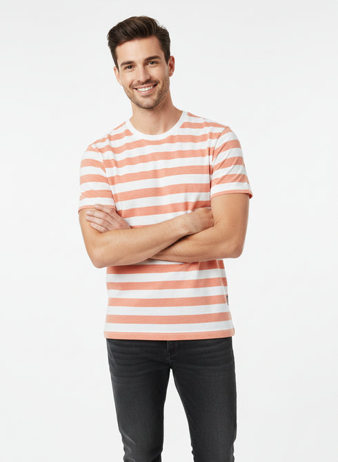 JACK & JONES MEN’S PREMIUM STRIPED COTTON T-SHIRT – PEACH & WHITE