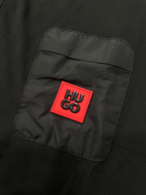 HUGO BOSS PREMIUM POLO SHIRT - BLACK LEATHER LOGO PATCH | BLACK