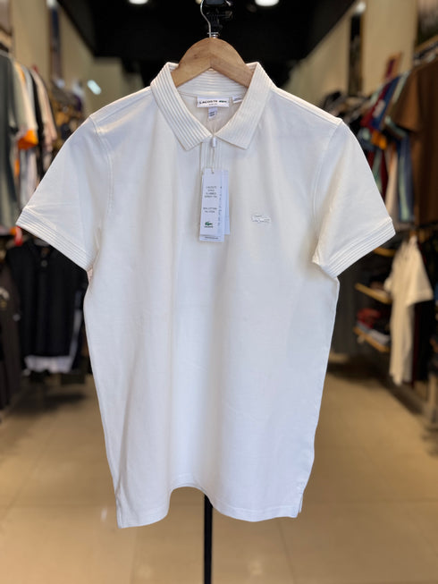 LACOSTE – CLASSIC POLO SHIRT WITH STRIPED COLLAR & EMBROIDERED LOGO | WHITE