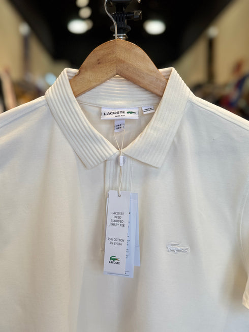 LACOSTE – CLASSIC POLO SHIRT WITH STRIPED COLLAR & EMBROIDERED LOGO | WHITE