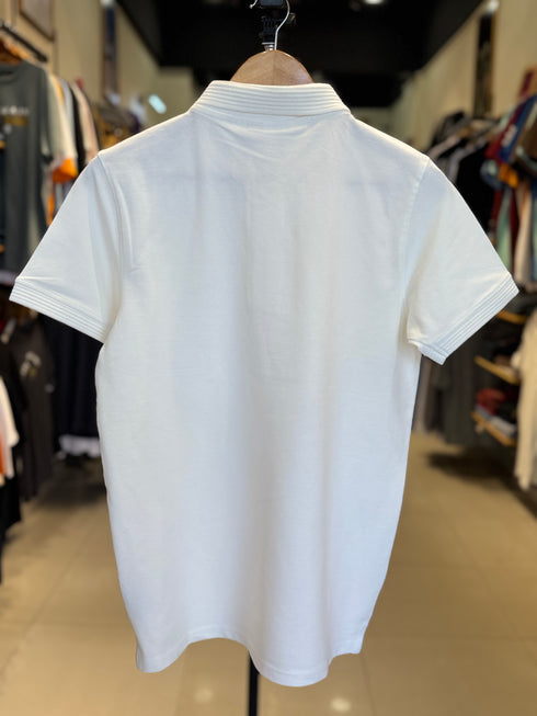 LACOSTE – CLASSIC POLO SHIRT WITH STRIPED COLLAR & EMBROIDERED LOGO | WHITE