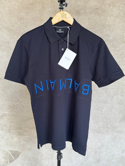 BALMAIN TEXT REVERSE EMBROIDERY POLO SHIRT | NAVY BLUE