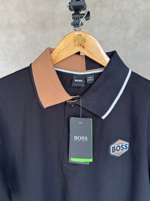 HUGO BOSS REGULAR FIT LOGO-PATCH POLO SHIRT IN COTTON MERERISED | BLACK