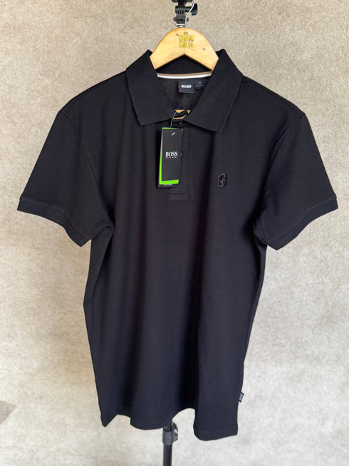 HUGO BOSS COTTON PIQUE POLO SHIRT WITH DOUBLE B MONOGRAM | BLACK