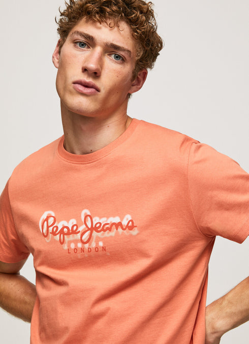 PEPE JEANS-COTTON T-SHIRT WITH PRINTED LOGO | SQUASH ORANGE