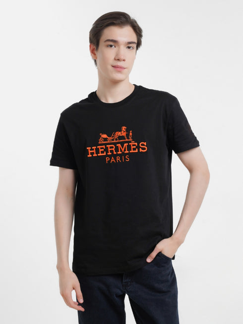 PREMIUM HERMES PARIS T-SHIRT WITH EMBROIDERY LOGO | BLACK