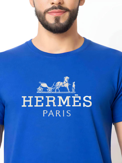 PREMIUM HERMES PARIS T-SHIRT WITH EMBROIDERY LOGO | BLUE